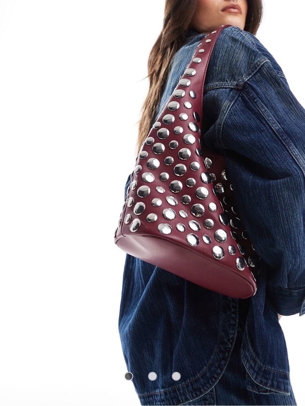 Stradivarius Studded Burgundy Shoulder Bag - Women's Fashion Tote